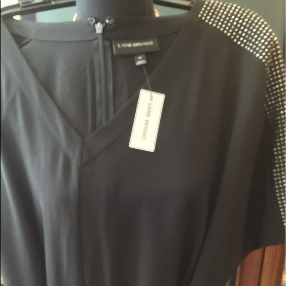 🌻NWT LANE BRYANT Sz28 SILVER STUDDED SHOULDERS BLACK CREPE BELTED JUMPSUIT - Picture 7 of 15